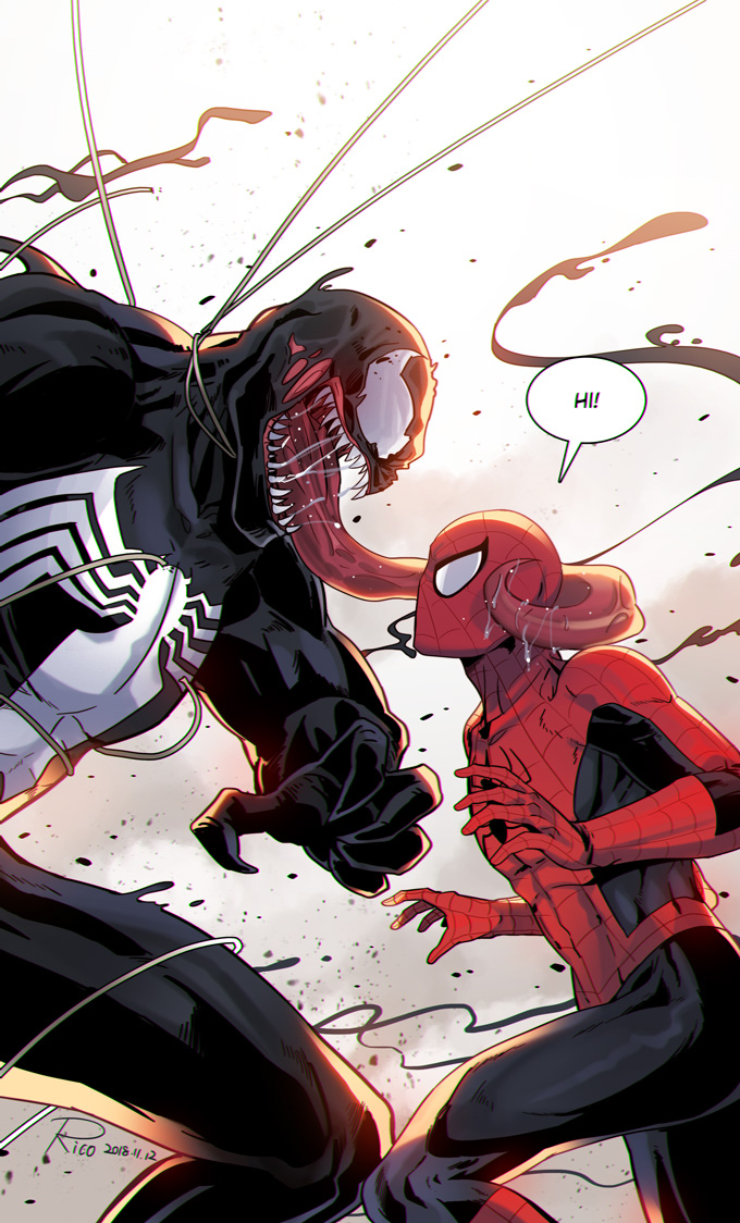 spider-man, venom, peter parker, and eddie brock (marvel and 1 more) drawn by redrico