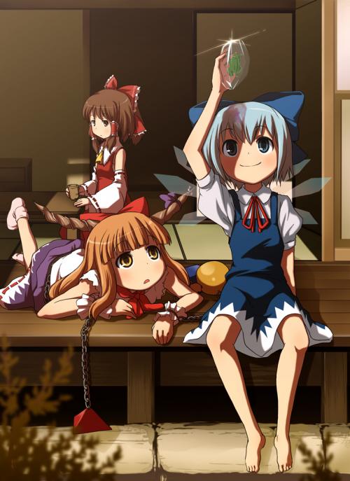 hakurei reimu, cirno, and ibuki suika (touhou) drawn by mishima_hiroji