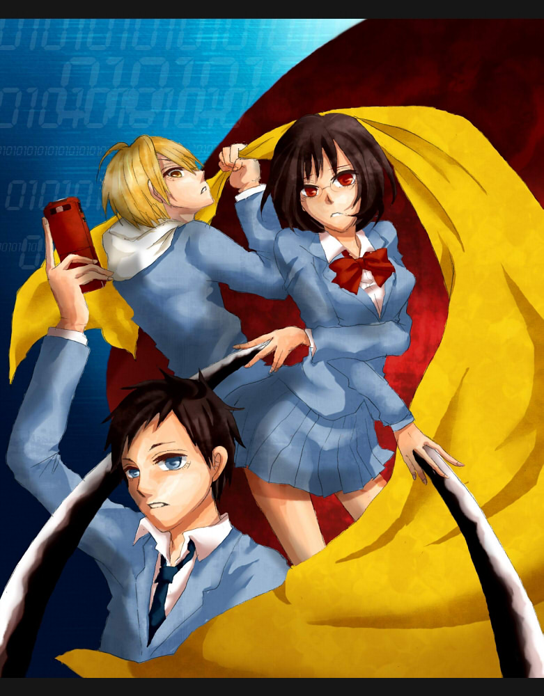 sonohara anri, ryuugamine mikado, and kida masaomi (durarara!!) drawn by emu9696