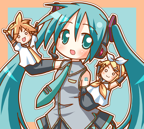 hatsune miku, kagamine rin, and kagamine len (vocaloid) drawn by minami_(colorful_palette)