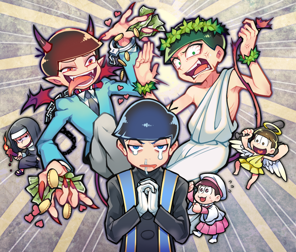 matsuno osomatsu, matsuno karamatsu, matsuno ichimatsu, matsuno jyushimatsu, matsuno choromatsu, and 1 more (osomatsu and 2 more) drawn by santou_suihei