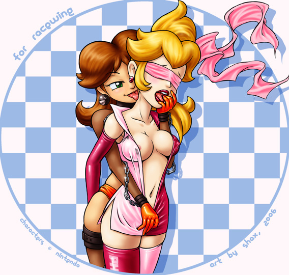 princess peach, princess daisy, and chain chomp (mario) drawn by shaxbert