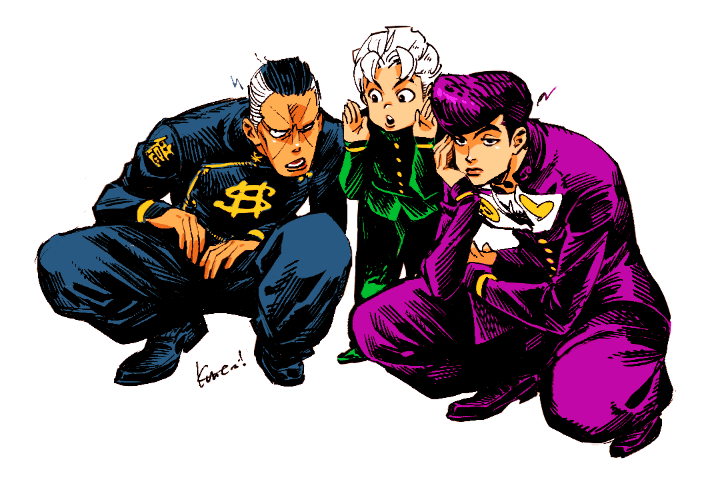 higashikata josuke, nijimura okuyasu, and hirose koichi (jojo no kimyou na bouken and 1 more) drawn by kotteri