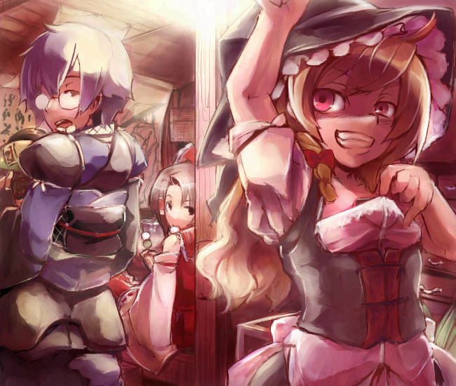 hakurei reimu, kirisame marisa, and morichika rinnosuke (touhou) drawn by enpou