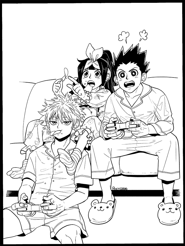killua zoldyck, gon freecss, and alluka zoldyck (hunter x hunter) drawn by poxychoo