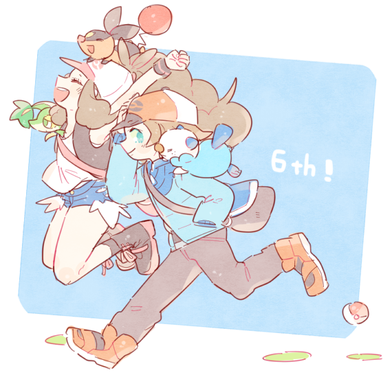 hilda, hilbert, oshawott, snivy, and tepig (pokemon and 1 more) drawn by katiko