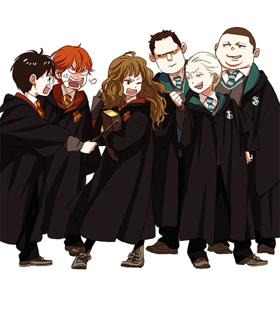 hermione granger, harry potter, ron weasley, draco malfoy, gregory goyle, and 1 more (wizarding world and 1 more) drawn by maiko_(setllon)