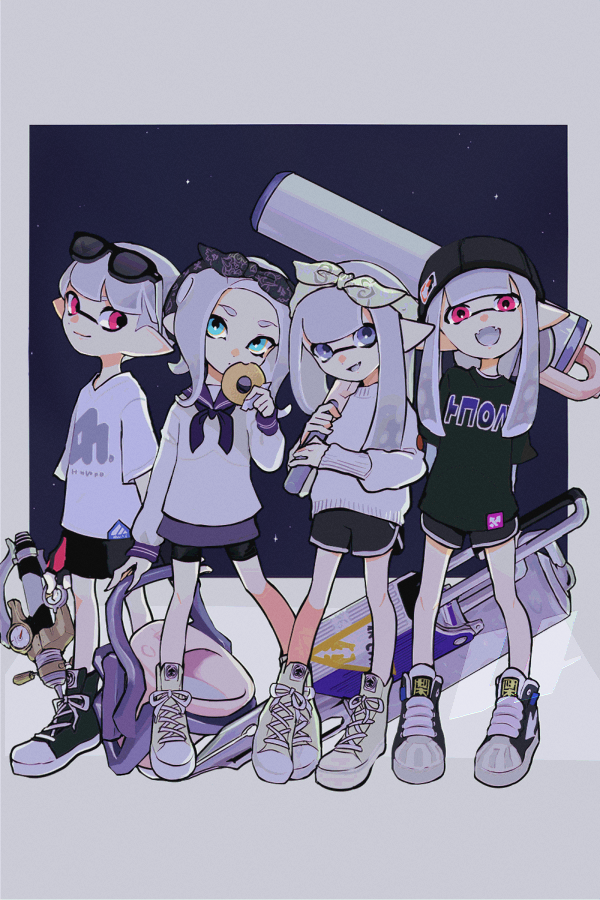 inkling player character, inkling girl, octoling player character, octoling girl, and inkling boy (splatoon) drawn by imaikuy0