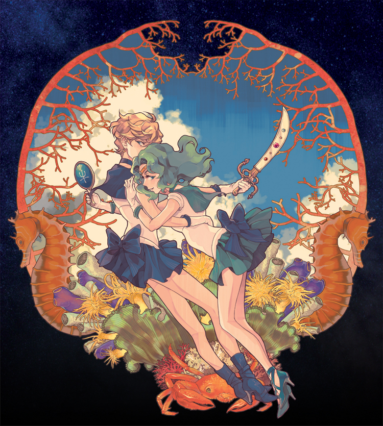 ten'ou haruka, kaiou michiru, sailor uranus, and sailor neptune (bishoujo senshi sailor moon) drawn by tanpi