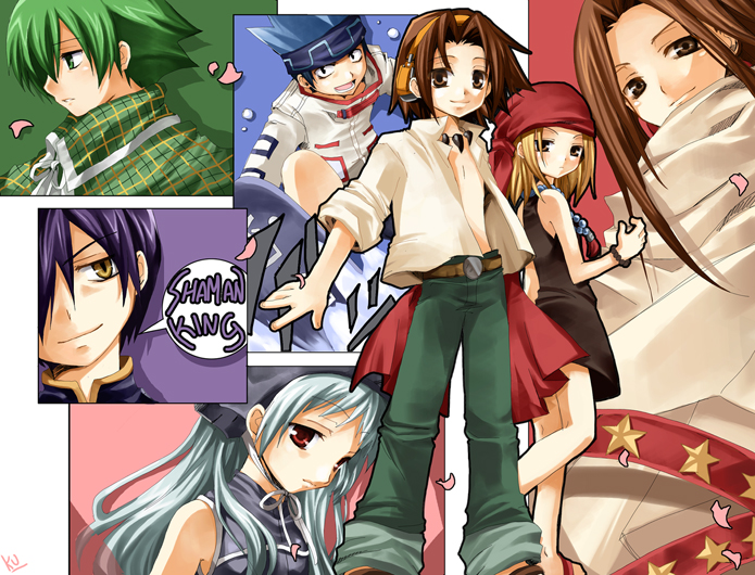 kyouyama anna, asakura yoh, iron maiden jeanne, usui horokeu, asakura hao, and 2 more (shaman king) drawn by kurot