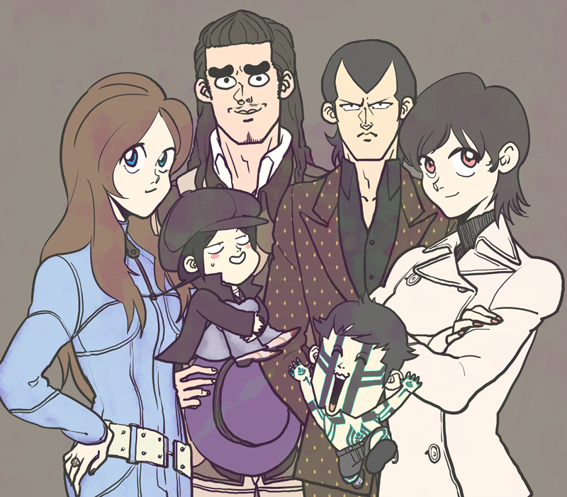 demi-fiend, takao yuko, tachibana chiaki, nitta isamu, hikawa, and 1 more (shin megami tensei and 2 more) drawn by kobu_(cobosu)