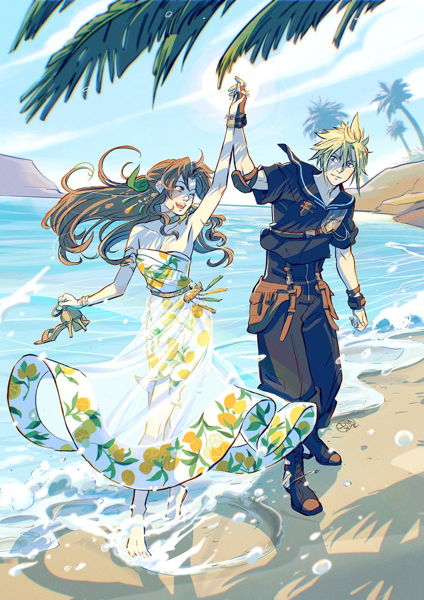 cloud strife and aerith gainsborough (final fantasy and 2 more) drawn by diana_mercolini