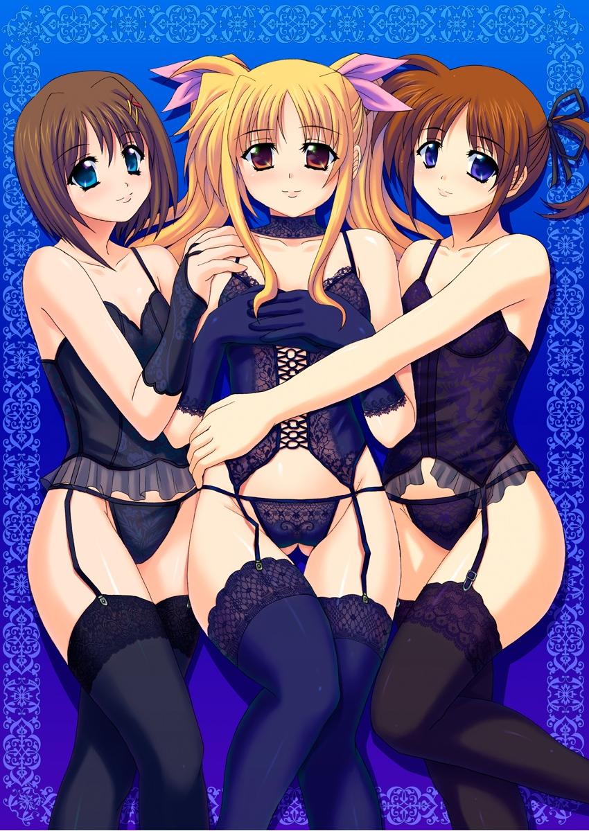 fate testarossa, takamachi nanoha, and yagami hayate (lyrical nanoha and 1 more) drawn by genshi