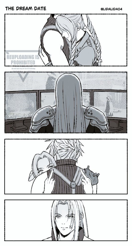 cloud strife, aerith gainsborough, and sephiroth (final fantasy and 3 more) drawn by lida_(lidalida04)