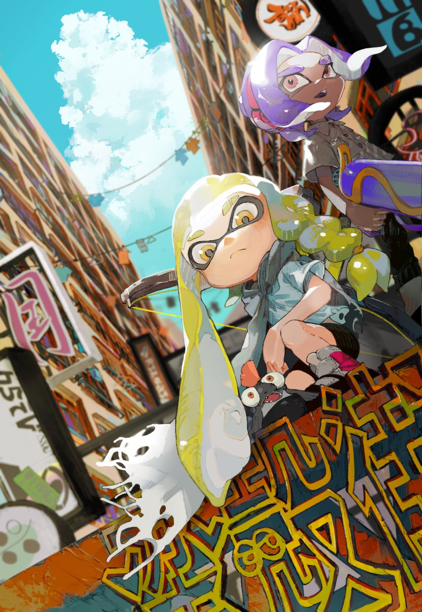 inkling player character, inkling girl, octoling player character, and octoling boy (splatoon and 1 more) drawn by panchicchi_(pixiv_101958735)
