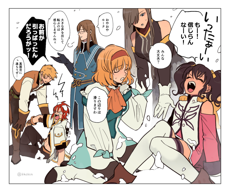 tear grants, luke fon fabre, anise tatlin, natalia luzu kimlasca lanvaldear, jade curtiss, and 2 more (tales of and 1 more) drawn by meiji_(pecosyr5)