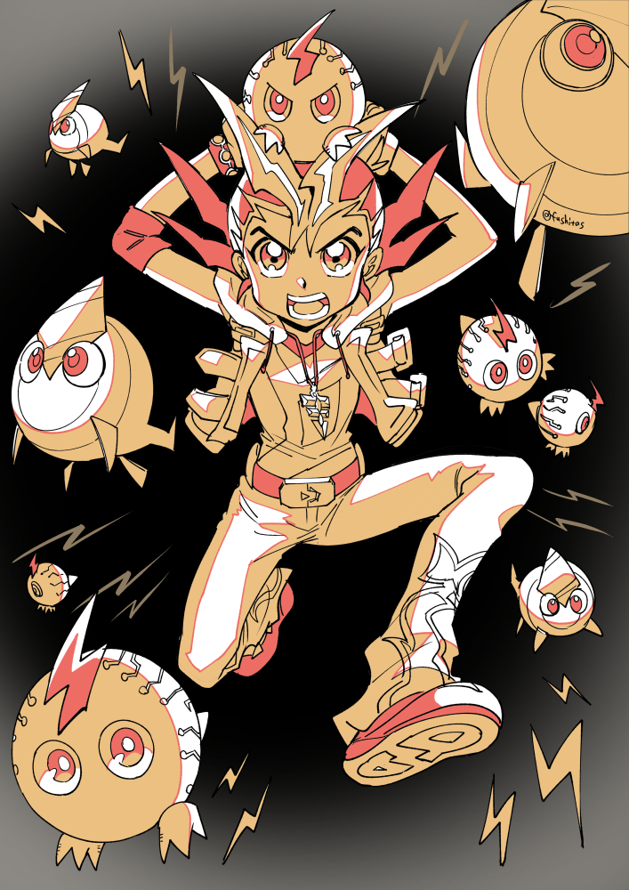 tsukumo yuma, kurivolt, and rainbow kuriboh (yu-gi-oh! and 1 more) drawn by fushitasu