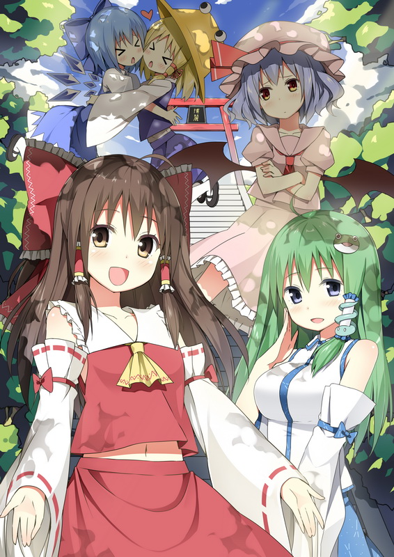 hakurei reimu, remilia scarlet, kochiya sanae, cirno, and moriya suwako (touhou) drawn by sky-freedom