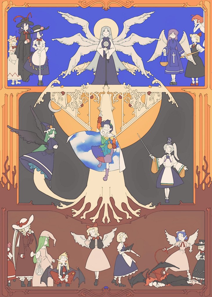 rumia, kazami yuuka, hinanawi tenshi, koakuma, mononobe no futo, and 13 more (touhou and 4 more) drawn by bolos