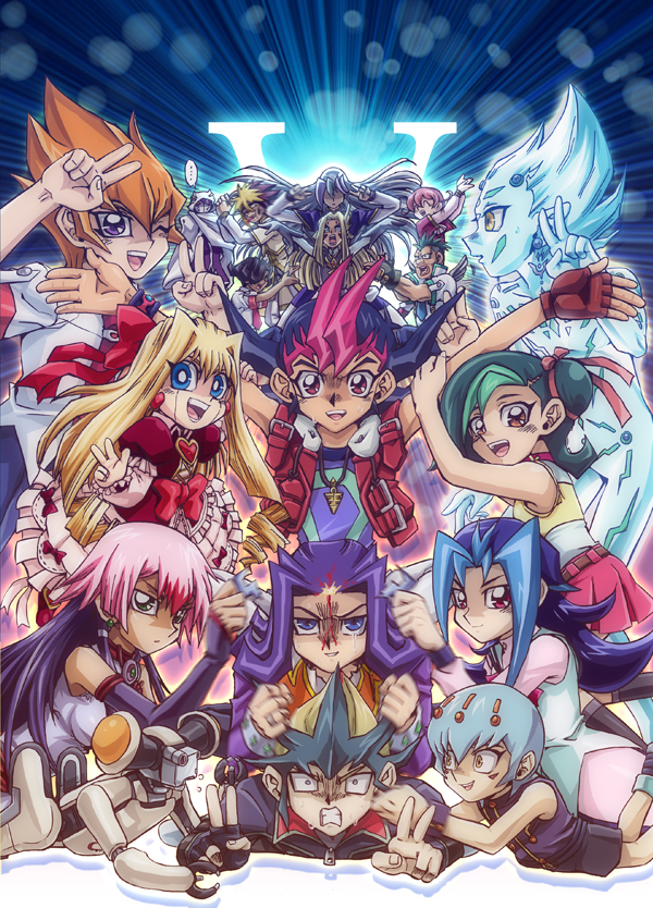 mizuki kotori, tsukumo yuma, kamishiro rio, kamishiro ryouga, astral, and 14 more (yu-gi-oh! and 1 more) drawn by raku_(howdy)