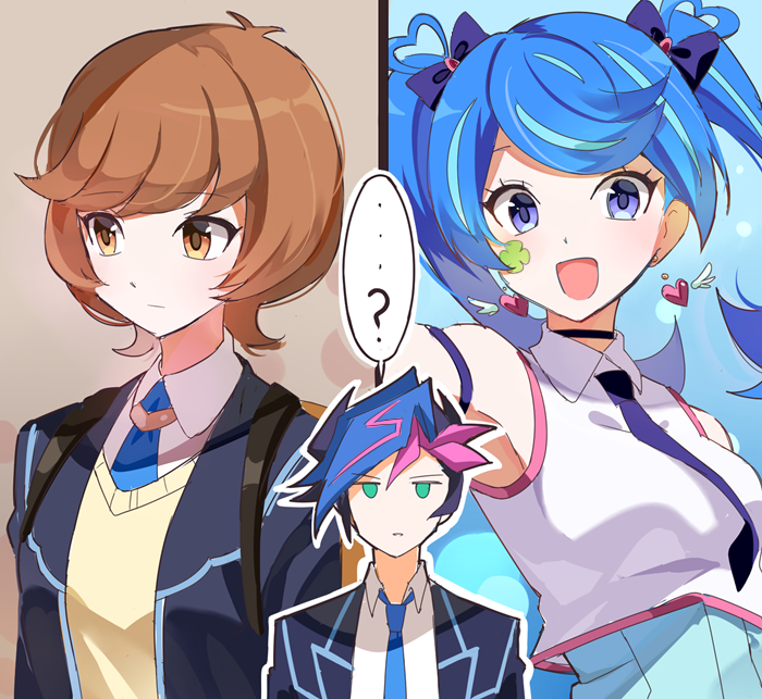 zaizen aoi, fujiki yusaku, and blue angel (yu-gi-oh! and 1 more) drawn by joman