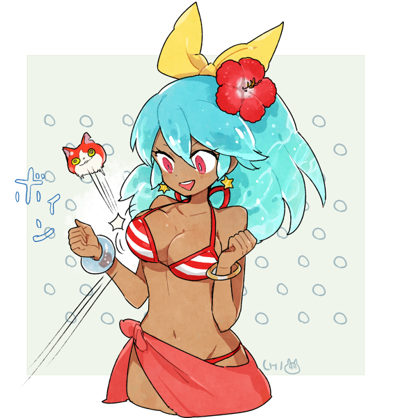 jibanyan and beachhime (youkai watch and 1 more) drawn by l_hakase
