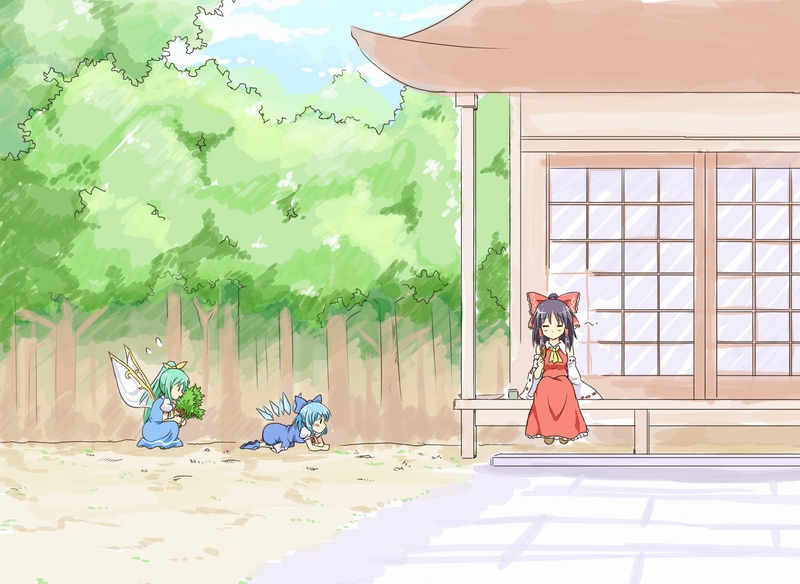 hakurei reimu, cirno, and daiyousei (touhou) drawn by sakimiya_(inschool)