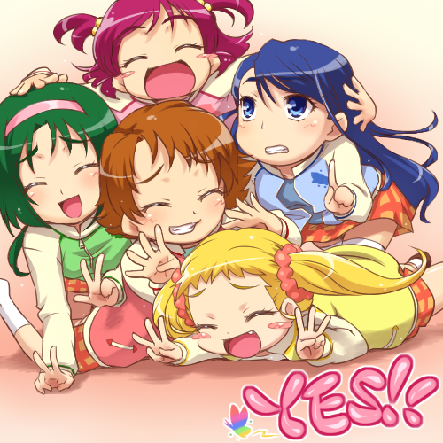 yumehara nozomi, minazuki karen, kasugano urara, akimoto komachi, and natsuki rin (precure and 1 more) drawn by hairu