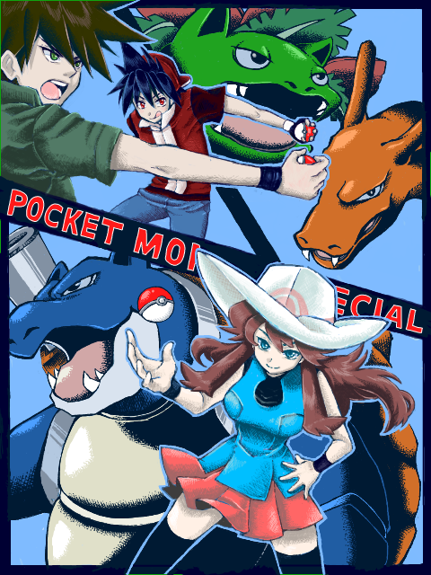 red, blue oak, charizard, green, venusaur, and 1 more (pokemon and 1 more) drawn by oira_(tegaki)