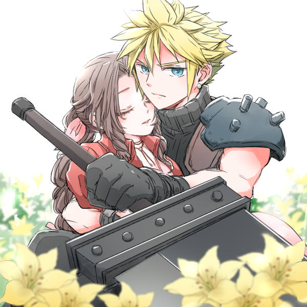 cloud strife and aerith gainsborough (final fantasy and 2 more) drawn by gamesuzume