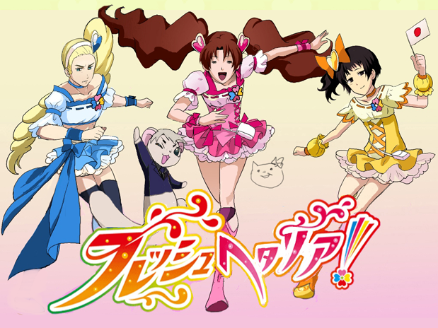 japan, cure peach, prussia, northern italy, cure pine, and 3 more (precure and 2 more) drawn by isao_bakudan