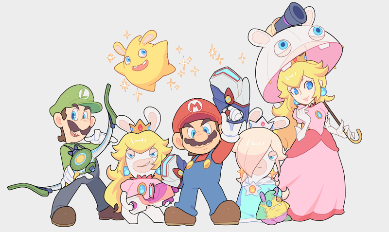 princess peach, mario, luigi, luma, rabbid, and 3 more (mario and 2 more) drawn by hoshikuzu_pan