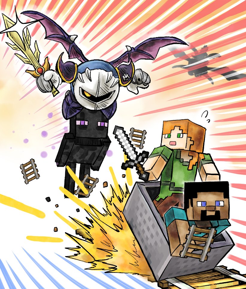 meta knight, enderman, steve, and alex (kirby and 3 more) drawn by kicdon