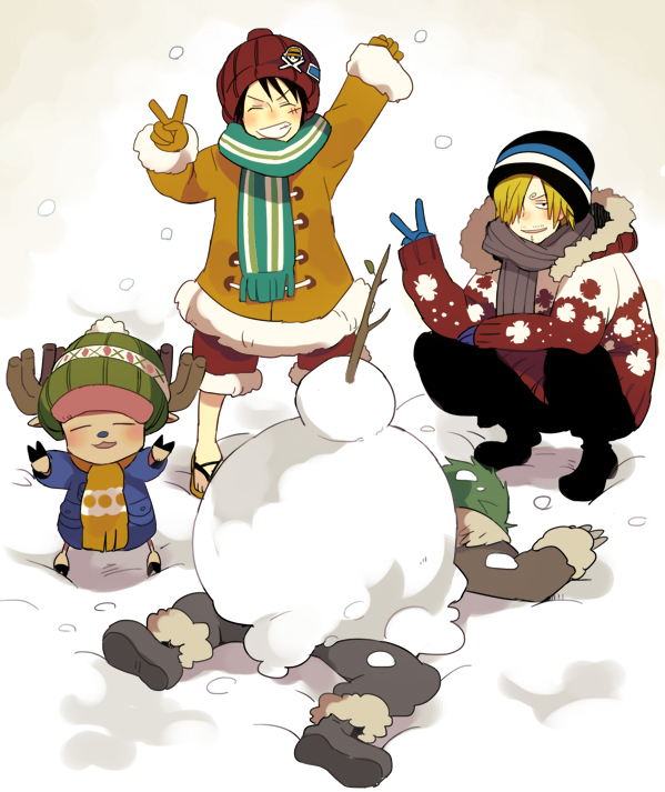 monkey d. luffy, roronoa zoro, sanji, and tony tony chopper (one piece) drawn by hiyok2
