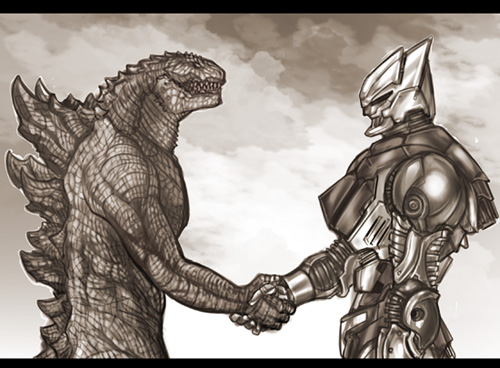 godzilla and jet jaguar (godzilla and 1 more) drawn by kusagami_style
