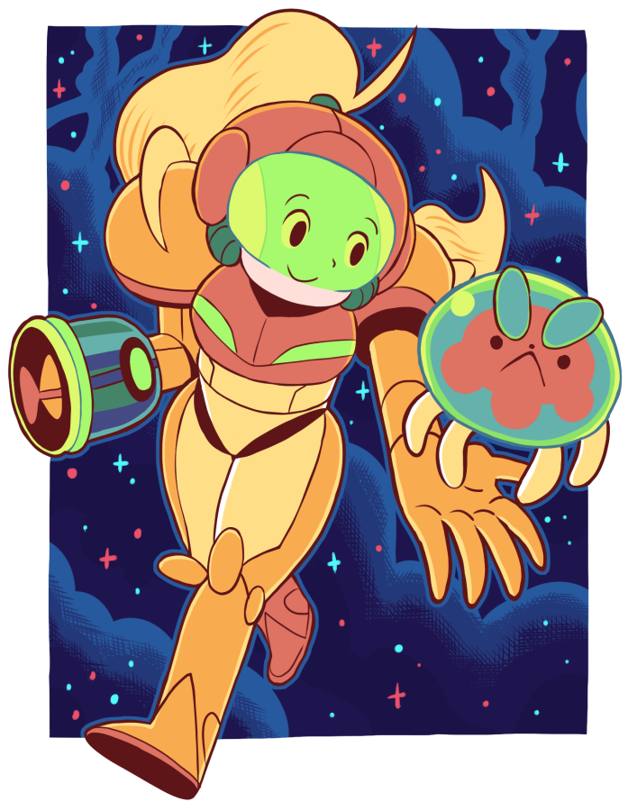 samus aran, metroid, metroid larva, bee, and puppycat (metroid and 1 more) drawn by gashi-gashi