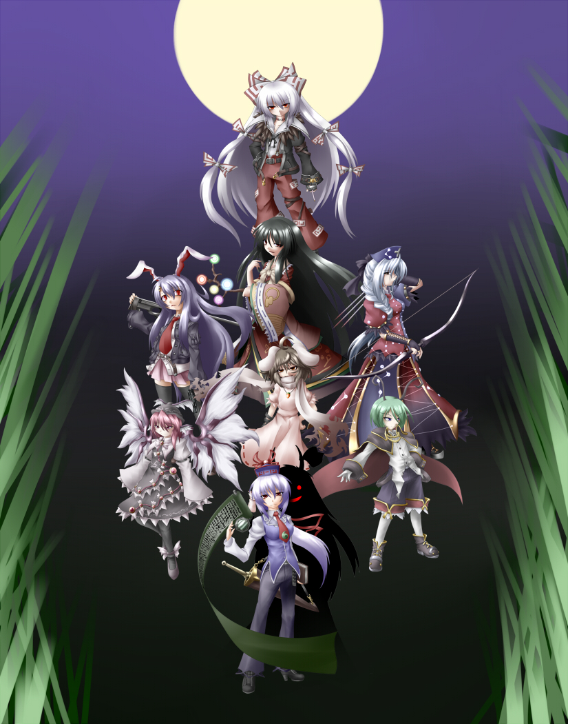 reisen udongein inaba, fujiwara no mokou, kamishirasawa keine, houraisan kaguya, mystia lorelei, and 4 more (touhou and 1 more) drawn by naginami