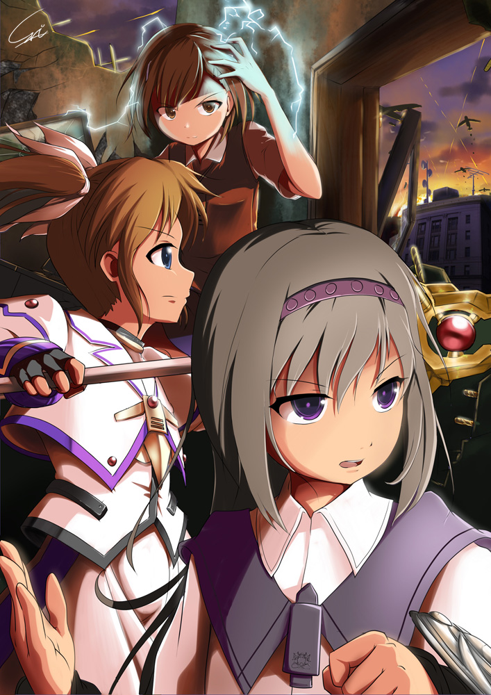akemi homura, misaka mikoto, takamachi nanoha, and raising heart (mahou shoujo madoka magica and 4 more) drawn by carillus