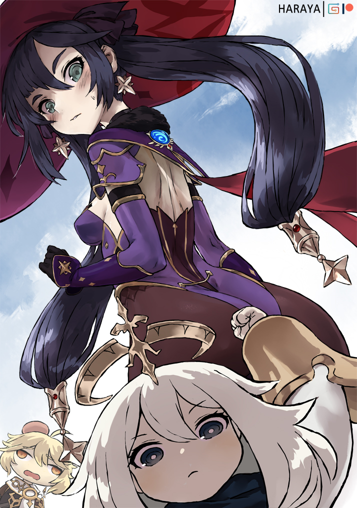 aether, mona, and paimon (genshin impact) drawn by haraya_manawari