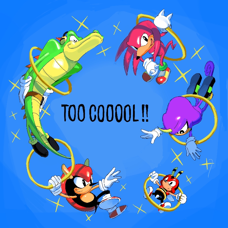 knuckles the echidna, espio the chameleon, vector the crocodile, charmy bee, classic knuckles, and 4 more (sonic and 2 more) drawn by tokiwa757