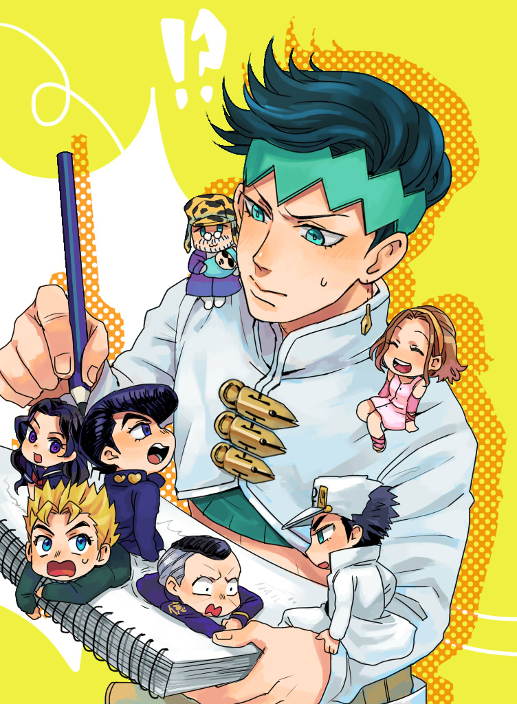 joseph joestar, higashikata josuke, kishibe rohan, nijimura okuyasu, hirose koichi, and 4 more (jojo no kimyou na bouken and 1 more) drawn by sunabu