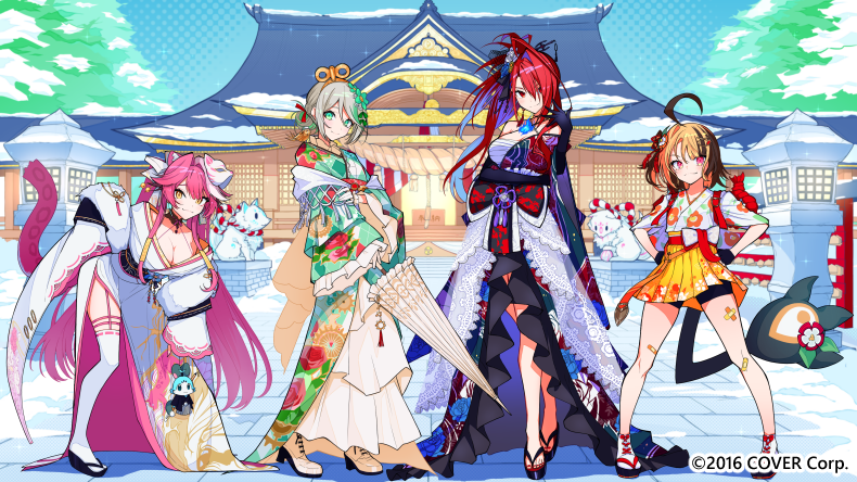 raora panthera, gigi murin, cecilia immergreen, elizabeth rose bloodflame, and chattino (hololive and 1 more) drawn by kurakuwakurai