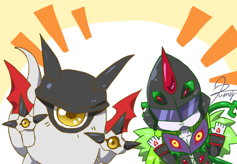 algomon, algomon perfect, and deathmon (digimon) drawn by rumor_(rumor_dem)