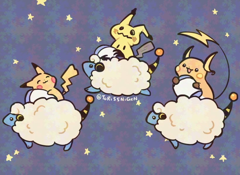 pikachu, mimikyu, raichu, and mareep (pokemon) drawn by tori55nigen