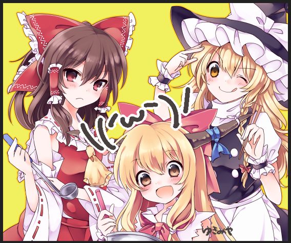 hakurei reimu, kirisame marisa, and ibuki suika (touhou) drawn by yukimiya_(parupunta)