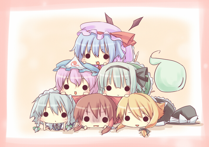 hakurei reimu, kirisame marisa, remilia scarlet, izayoi sakuya, konpaku youmu, and 1 more (touhou) drawn by tensousui