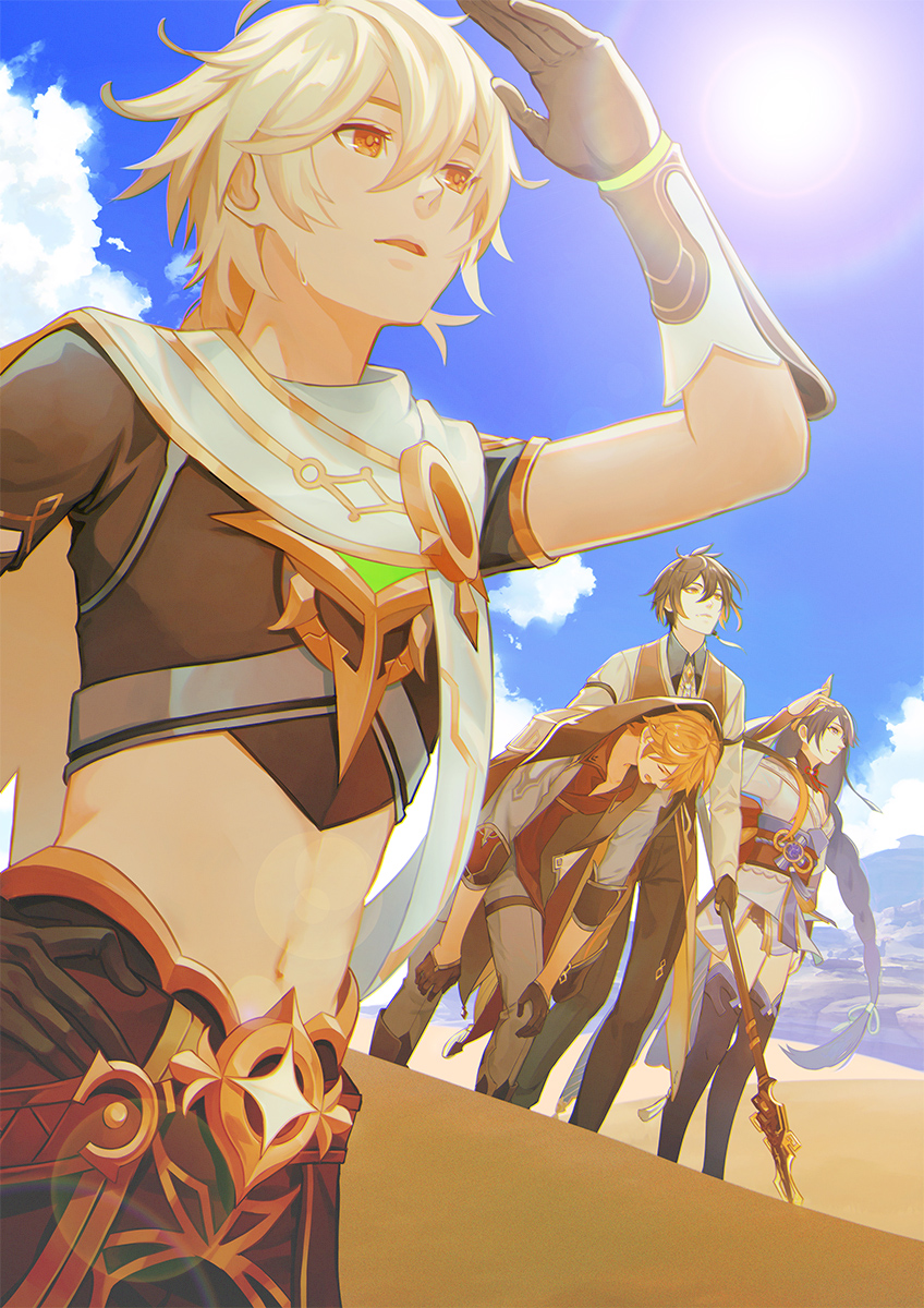 raiden shogun, aether, zhongli, and tartaglia (genshin impact) drawn by firidus
