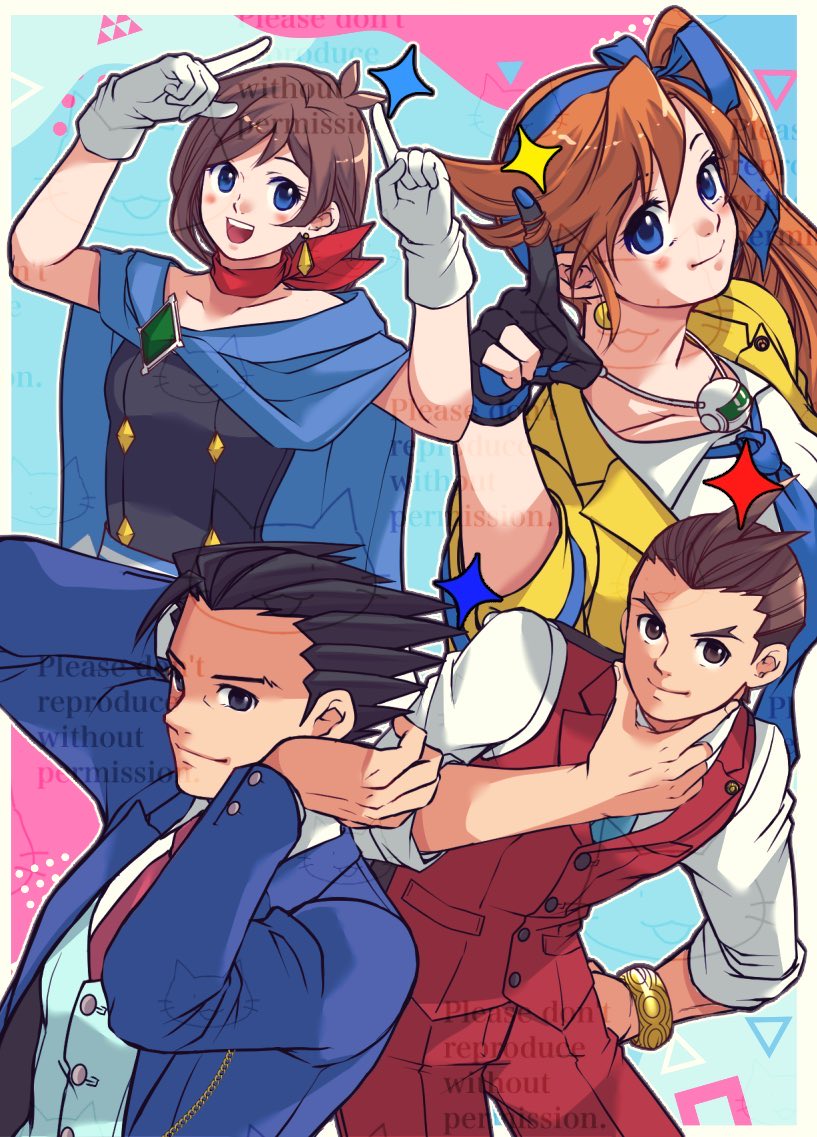 phoenix wright, apollo justice, trucy wright, and athena cykes (ace attorney) drawn by ragi_(od6fine)