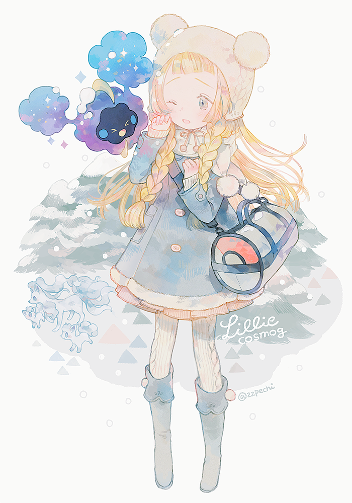 lillie, alolan vulpix, cosmog, and alolan ninetales (pokemon and 1 more) drawn by pechika