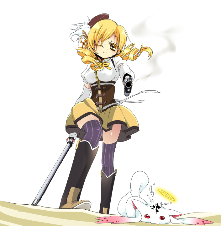 tomoe mami and kyubey (mahou shoujo madoka magica) drawn by temho20